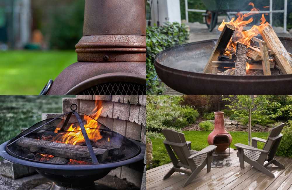 A collage of outdoor fireplaces: a rustic chimenea, a flaming fire bowl, a covered fire pit, and a seating area with a chimenea in the background.